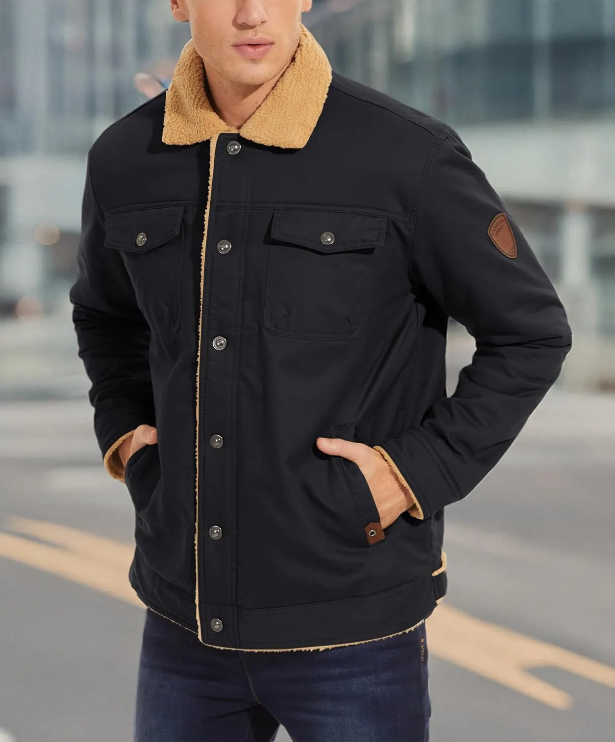 MAGNIVIT Men's Cotton Cargo Jacket Winter Sherpa Fleece Lined Work Jacket Coats with 5 Pockets