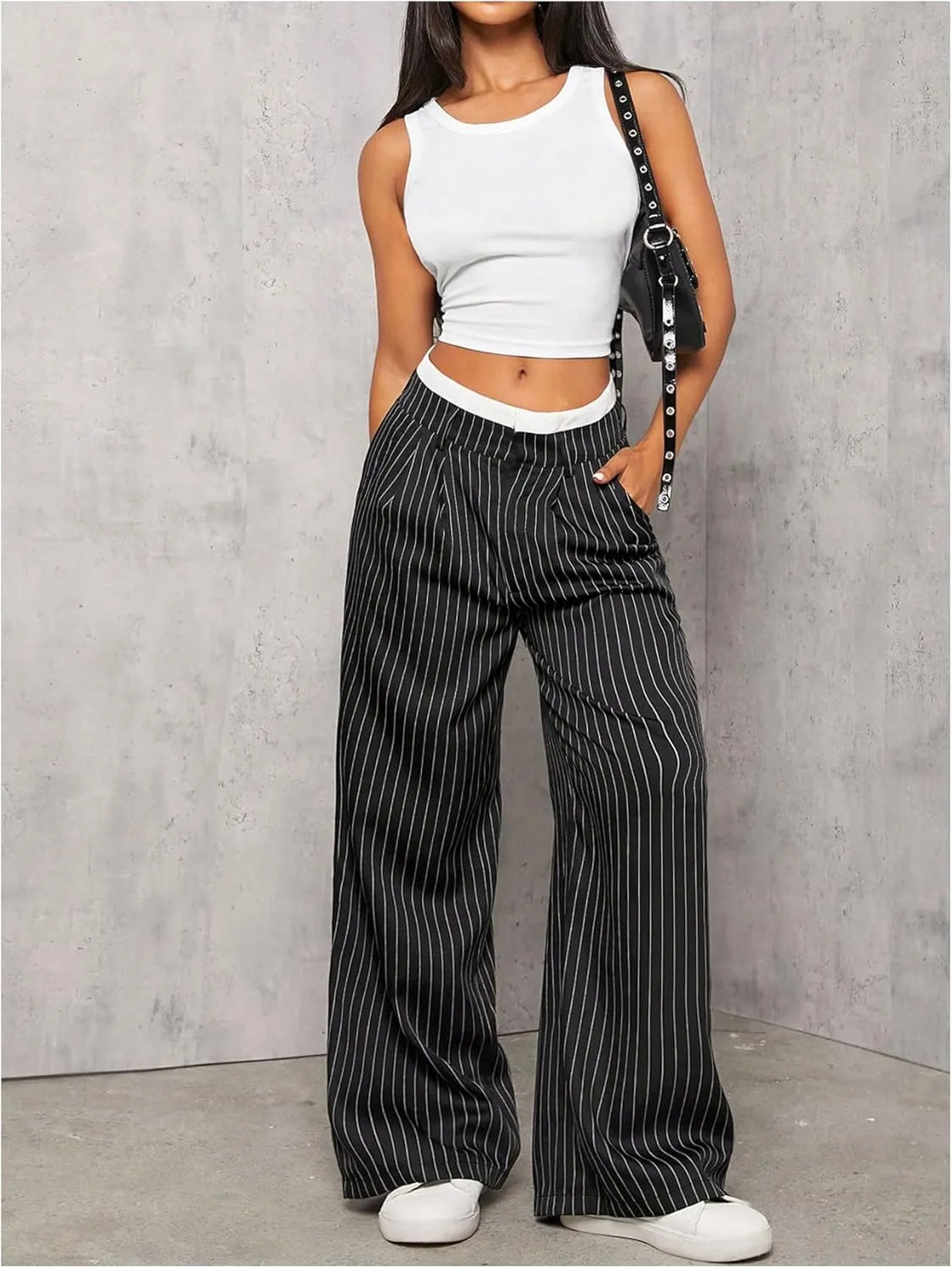 MakeMeChic Women's Striped Pants Wide Leg Straight Suit Trousers with Pocket