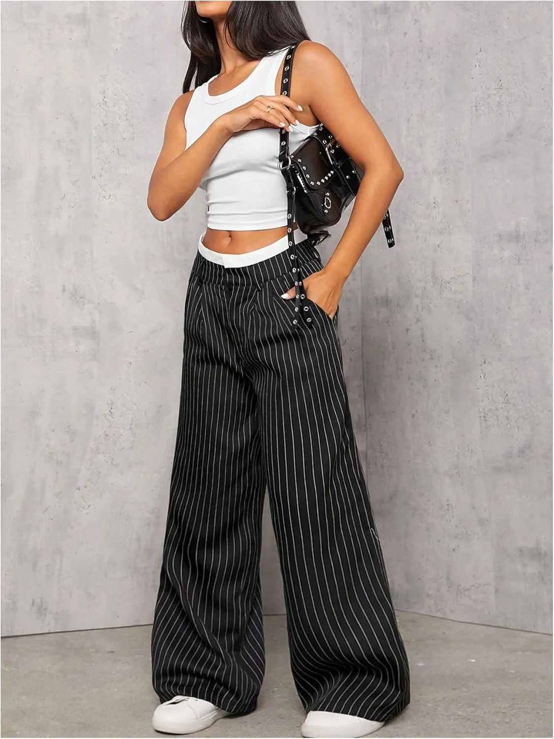 MakeMeChic Women's Striped Pants Wide Leg Straight Suit Trousers with Pocket