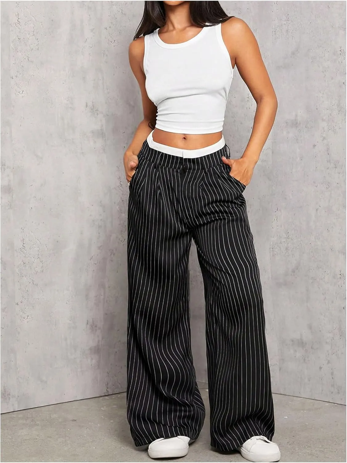 MakeMeChic Women's Striped Pants Wide Leg Straight Suit Trousers with Pocket