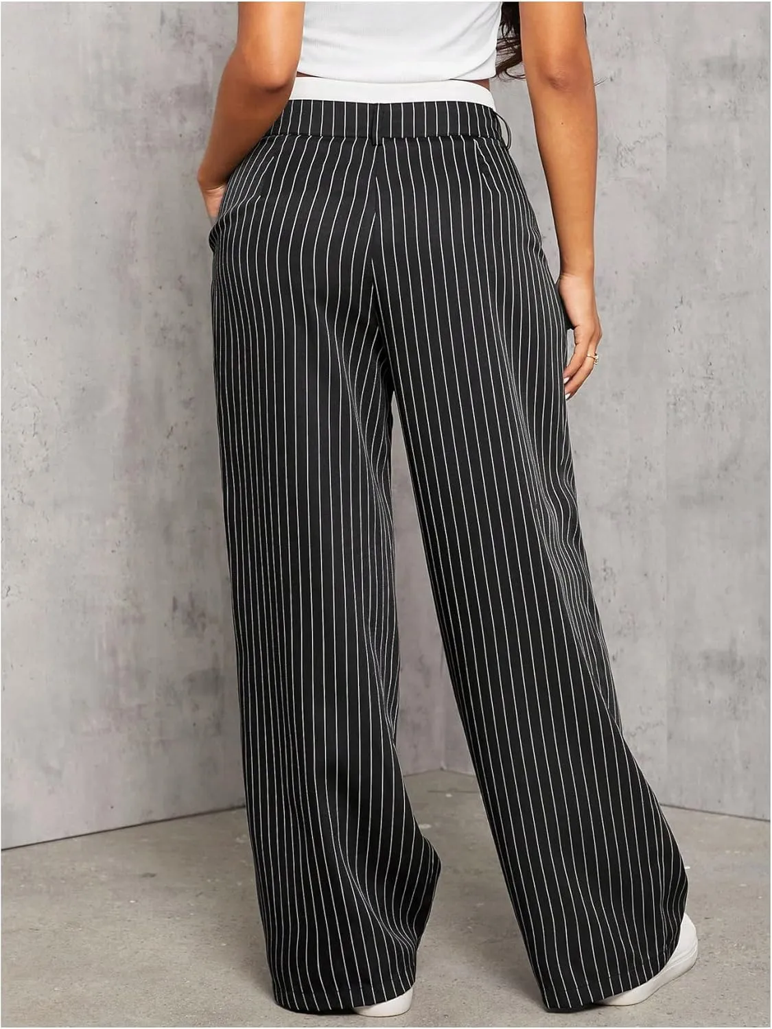 MakeMeChic Women's Striped Pants Wide Leg Straight Suit Trousers with Pocket
