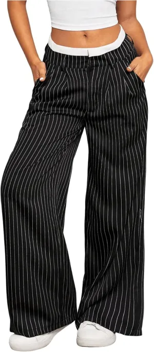 MakeMeChic Women's Striped Pants Wide Leg Straight Suit Trousers with Pocket