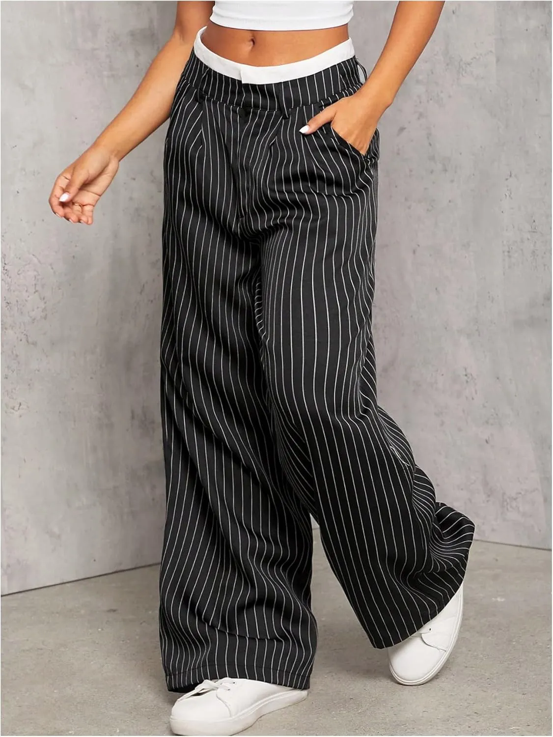 MakeMeChic Women's Striped Pants Wide Leg Straight Suit Trousers with Pocket