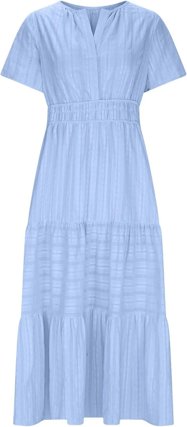 Maxi Dresses for Women 2025 Lightweight Short Sleeve V Neck Elastic Waist Boho Beach Dress Pockets 2025 Summer