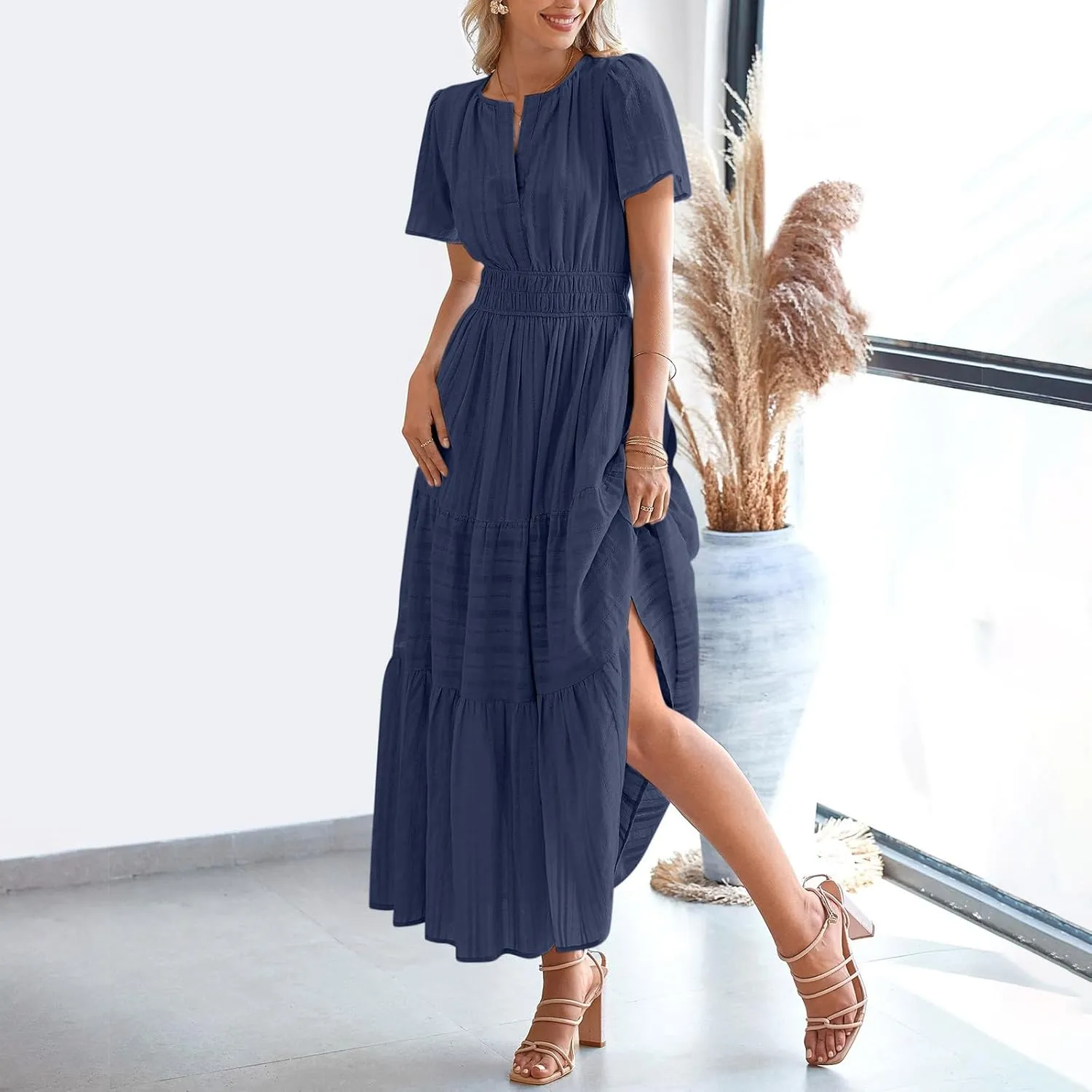 Maxi Dresses for Women 2025 Lightweight Short Sleeve V Neck Elastic Waist Boho Beach Dress Pockets 2025 Summer