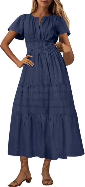 Maxi Dresses for Women 2025 Lightweight Short Sleeve V Neck Elastic Waist Boho Beach Dress Pockets 2025 Summer