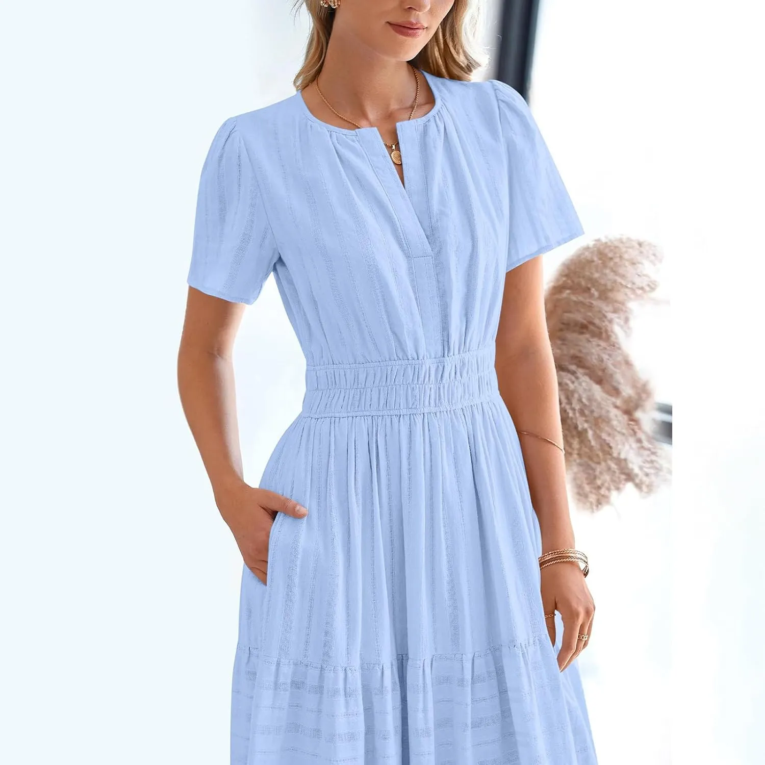 Maxi Dresses for Women 2025 Lightweight Short Sleeve V Neck Elastic Waist Boho Beach Dress Pockets 2025 Summer