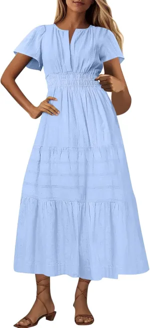 Maxi Dresses for Women 2025 Lightweight Short Sleeve V Neck Elastic Waist Boho Beach Dress Pockets 2025 Summer