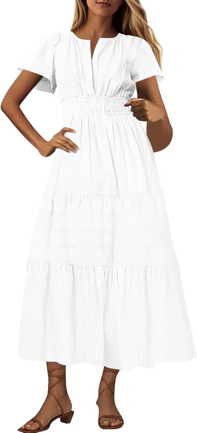 Maxi Dresses for Women 2025 Lightweight Short Sleeve V Neck Elastic Waist Boho Beach Dress Pockets 2025 Summer