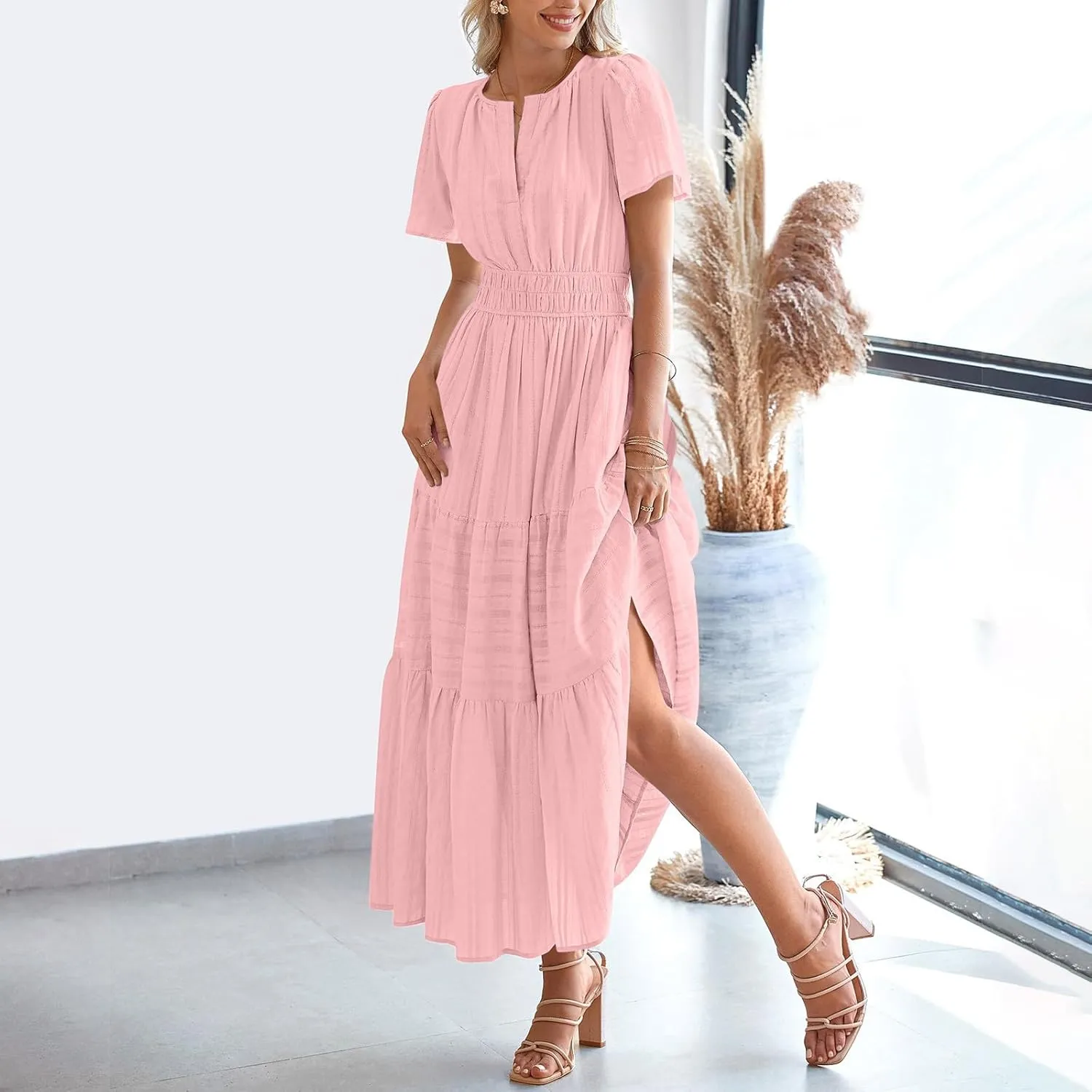Maxi Dresses for Women 2025 Lightweight Short Sleeve V Neck Elastic Waist Boho Beach Dress Pockets 2025 Summer