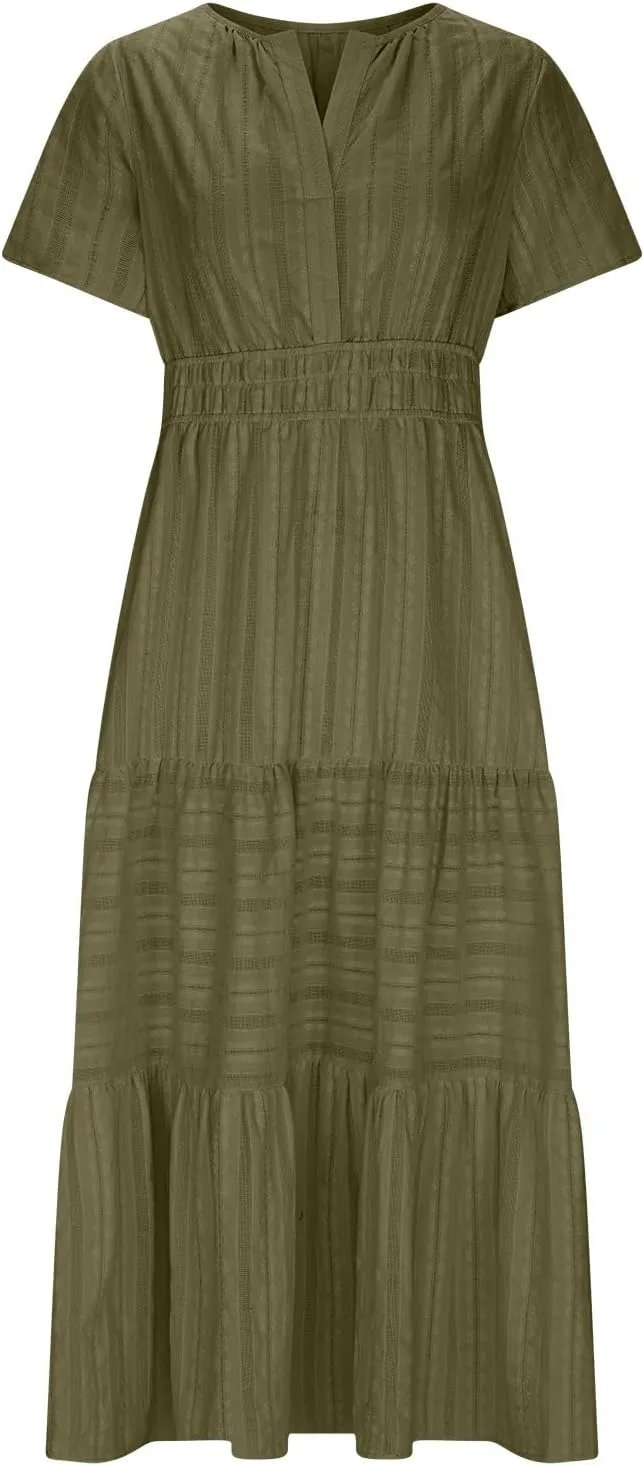 Maxi Dresses for Women 2025 Lightweight Short Sleeve V Neck Elastic Waist Boho Beach Dress Pockets 2025 Summer