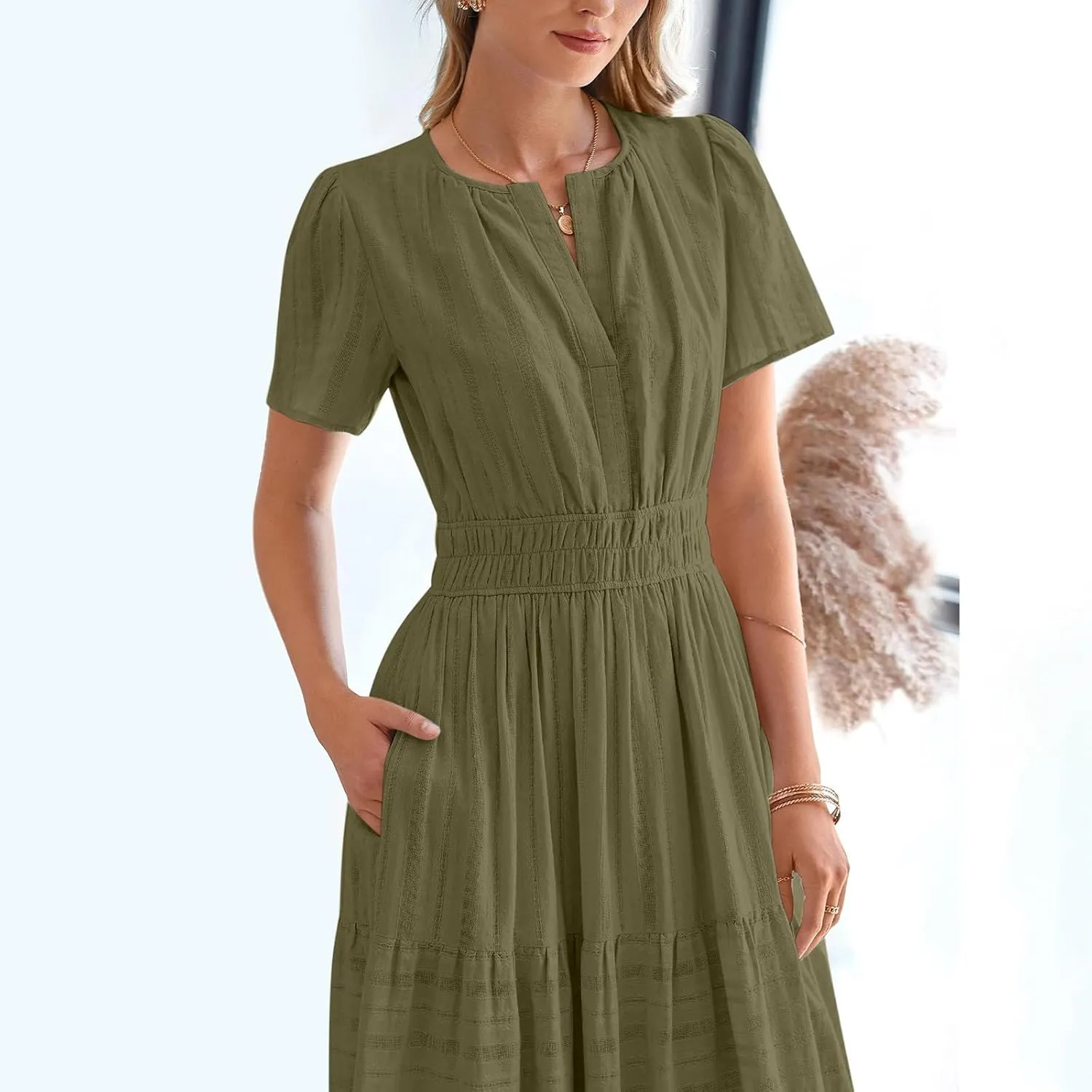 Maxi Dresses for Women 2025 Lightweight Short Sleeve V Neck Elastic Waist Boho Beach Dress Pockets 2025 Summer
