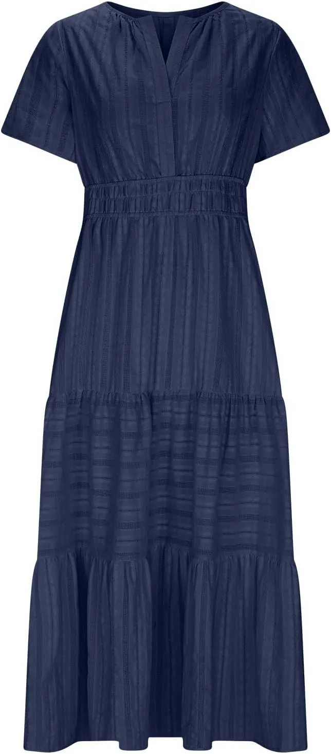 Maxi Dresses for Women 2025 Lightweight Short Sleeve V Neck Elastic Waist Boho Beach Dress Pockets 2025 Summer