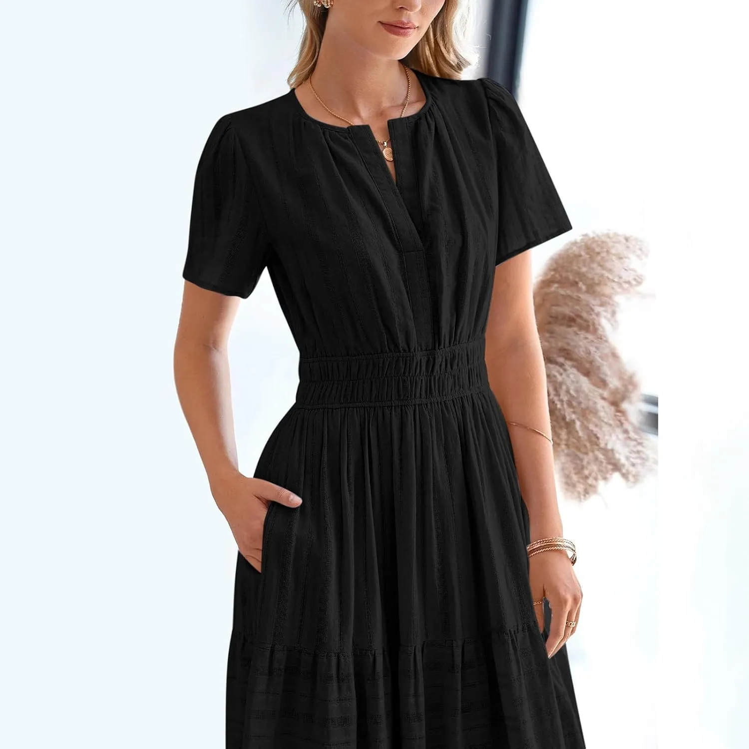 Maxi Dresses for Women 2025 Lightweight Short Sleeve V Neck Elastic Waist Boho Beach Dress Pockets 2025 Summer