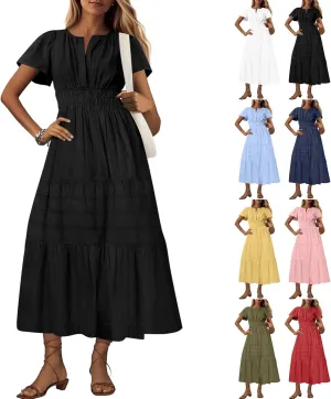 Maxi Dresses for Women 2025 Lightweight Short Sleeve V Neck Elastic Waist Boho Beach Dress Pockets 2025 Summer