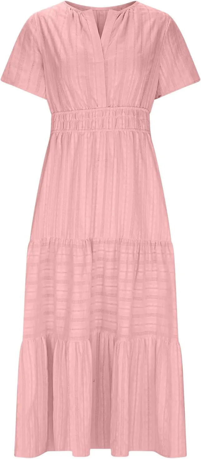 Maxi Dresses for Women 2025 Lightweight Short Sleeve V Neck Elastic Waist Boho Beach Dress Pockets 2025 Summer