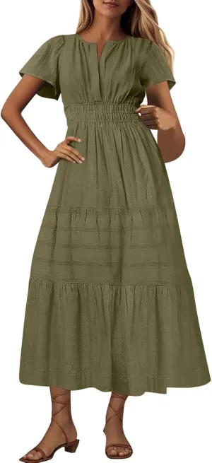 Maxi Dresses for Women 2025 Lightweight Short Sleeve V Neck Elastic Waist Boho Beach Dress Pockets 2025 Summer