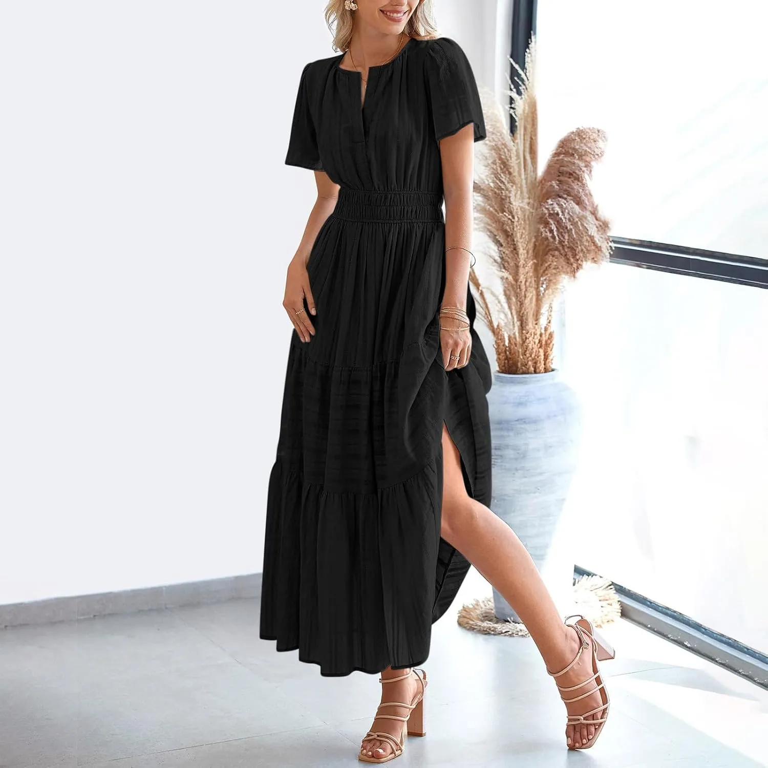 Maxi Dresses for Women 2025 Lightweight Short Sleeve V Neck Elastic Waist Boho Beach Dress Pockets 2025 Summer