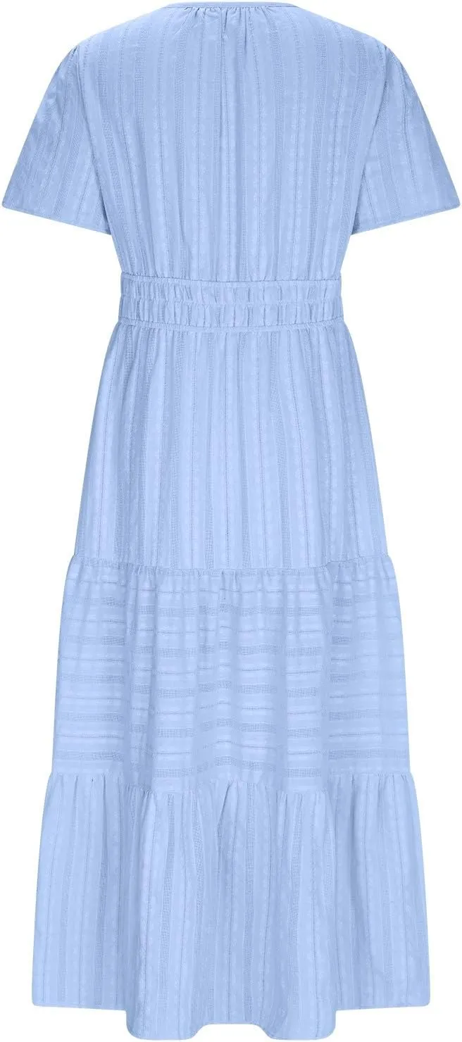 Maxi Dresses for Women 2025 Lightweight Short Sleeve V Neck Elastic Waist Boho Beach Dress Pockets 2025 Summer