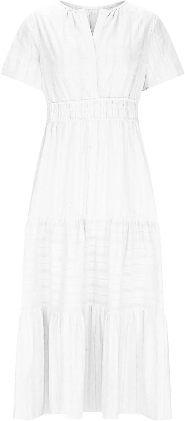 Maxi Dresses for Women 2025 Lightweight Short Sleeve V Neck Elastic Waist Boho Beach Dress Pockets 2025 Summer