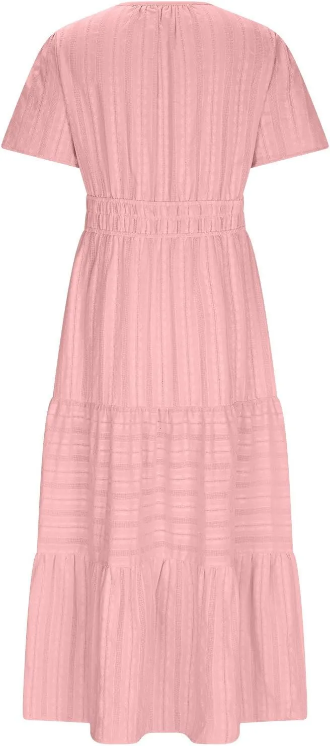 Maxi Dresses for Women 2025 Lightweight Short Sleeve V Neck Elastic Waist Boho Beach Dress Pockets 2025 Summer