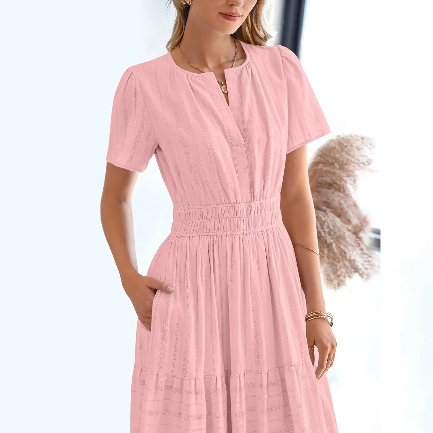 Maxi Dresses for Women 2025 Lightweight Short Sleeve V Neck Elastic Waist Boho Beach Dress Pockets 2025 Summer