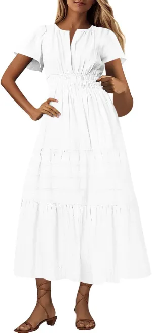 Maxi Dresses for Women 2025 Lightweight Short Sleeve V Neck Elastic Waist Boho Beach Dress Pockets 2025 Summer