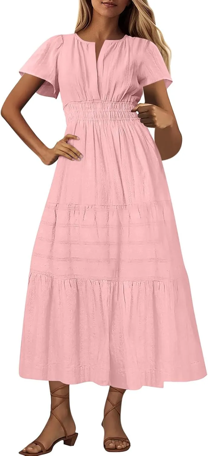 Maxi Dresses for Women 2025 Lightweight Short Sleeve V Neck Elastic Waist Boho Beach Dress Pockets 2025 Summer