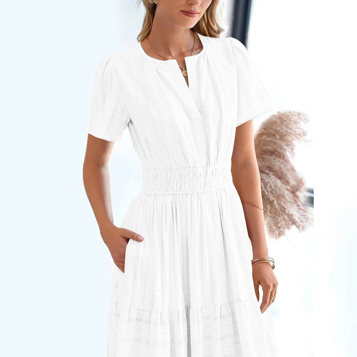 Maxi Dresses for Women 2025 Lightweight Short Sleeve V Neck Elastic Waist Boho Beach Dress Pockets 2025 Summer