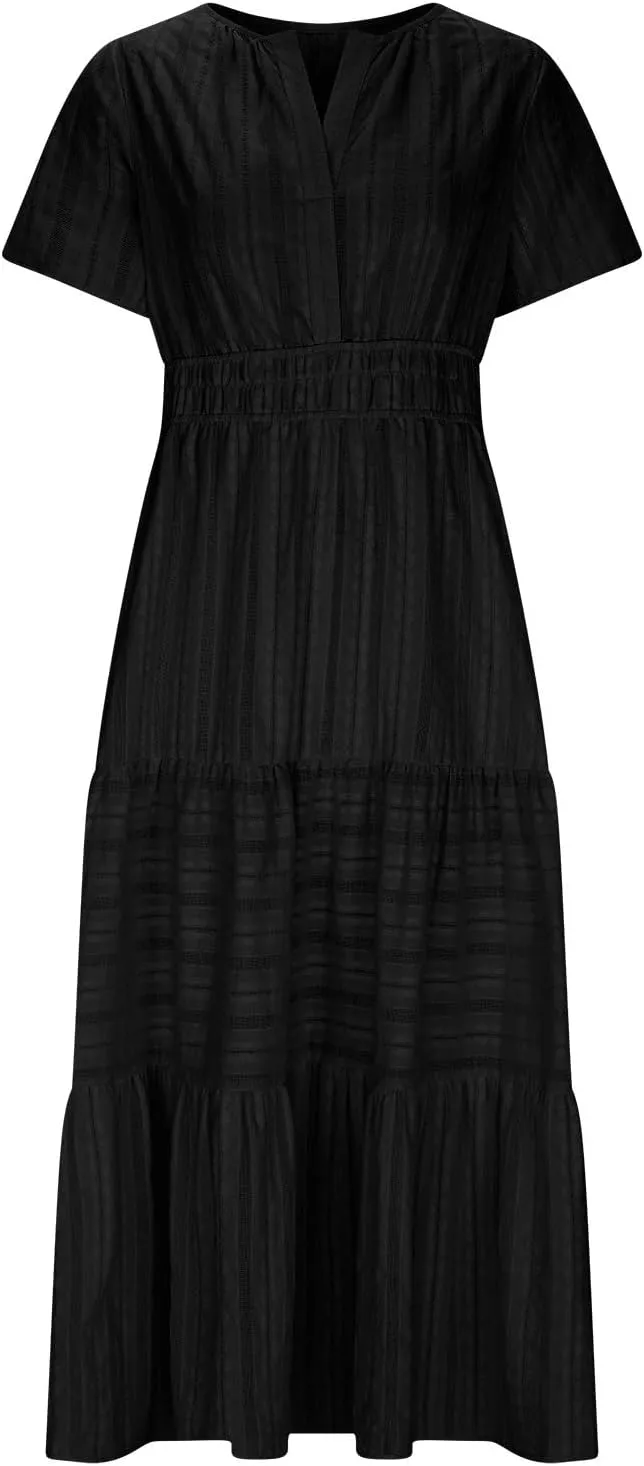 Maxi Dresses for Women 2025 Lightweight Short Sleeve V Neck Elastic Waist Boho Beach Dress Pockets 2025 Summer