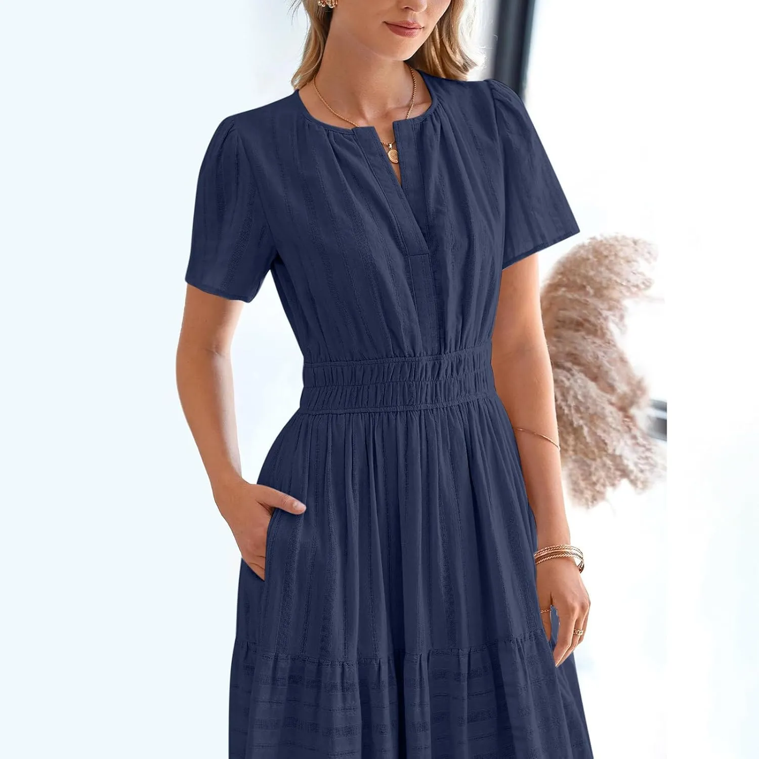 Maxi Dresses for Women 2025 Lightweight Short Sleeve V Neck Elastic Waist Boho Beach Dress Pockets 2025 Summer