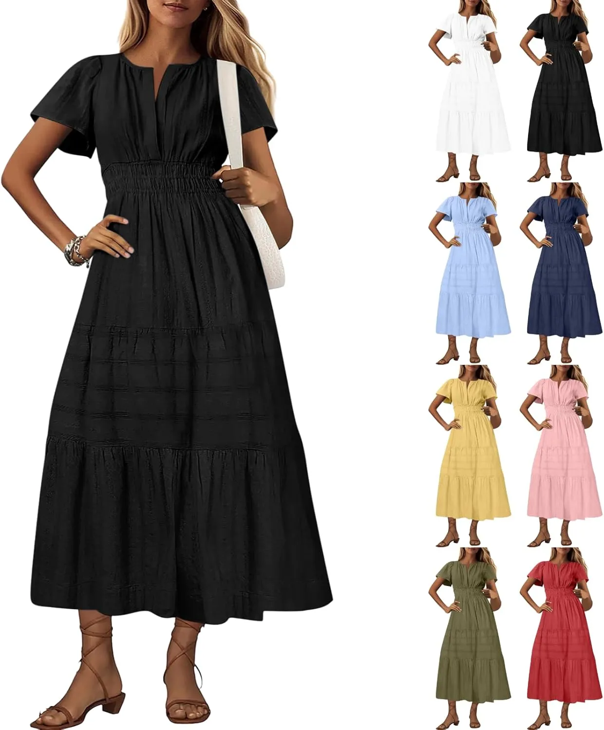 Maxi Dresses for Women 2025 Lightweight Short Sleeve V Neck Elastic Waist Boho Beach Dress Pockets 2025 Summer
