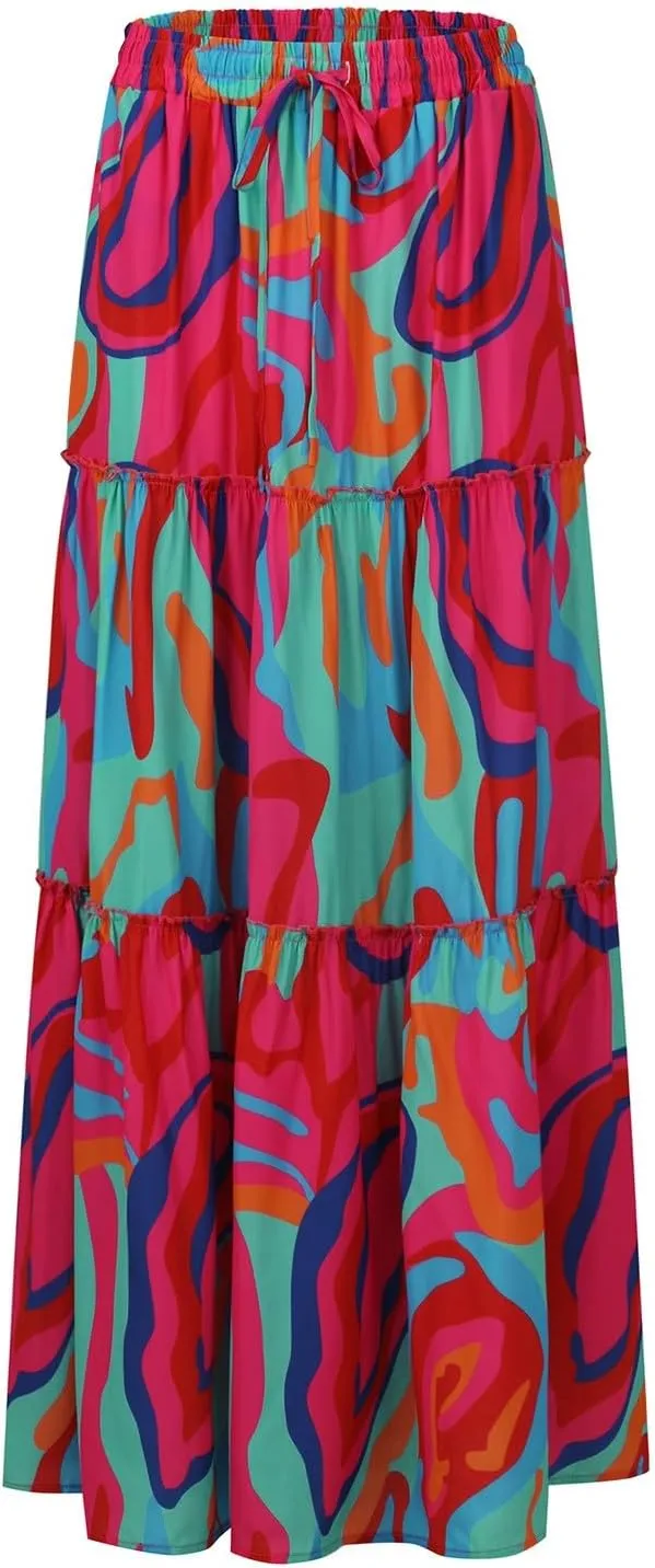 Maxi Skirt for Women 2025 Casual Summer Tiered High Waisted Skirts Pleated Aline Skirt Dressy Long Skirts with Pockets