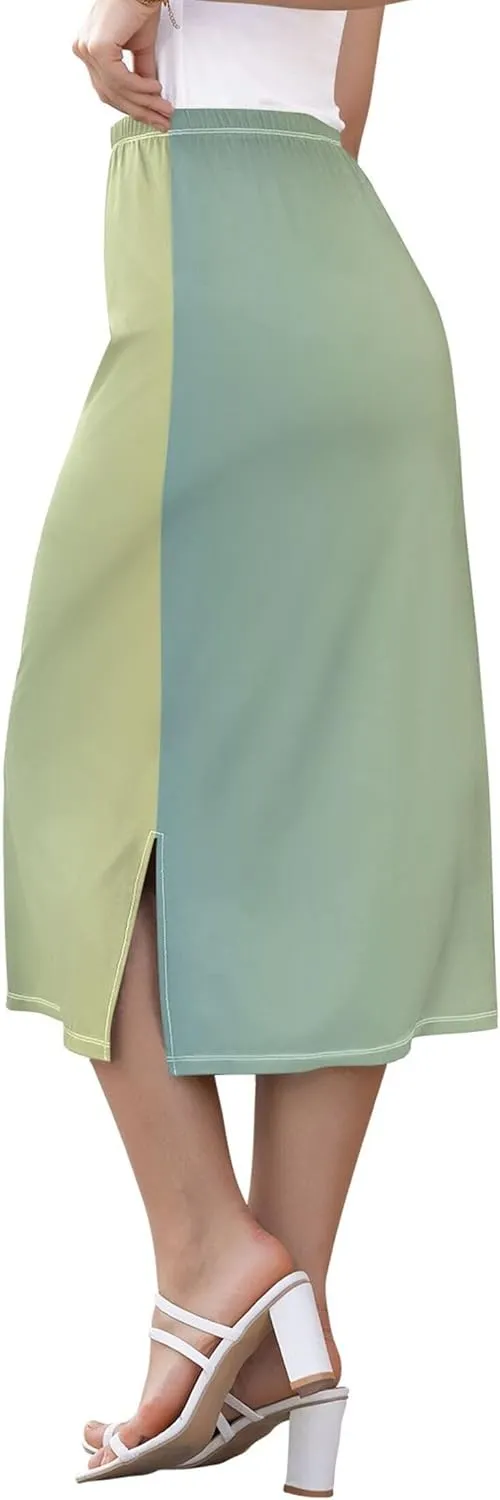 Medium Slate Blue Midi Skirt Slit Women Floral Pencil Skirts Elastic Waist Cute Summer Skirt