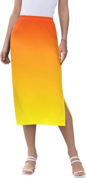 Medium Slate Blue Midi Skirt Slit Women Floral Pencil Skirts Elastic Waist Cute Summer Skirt
