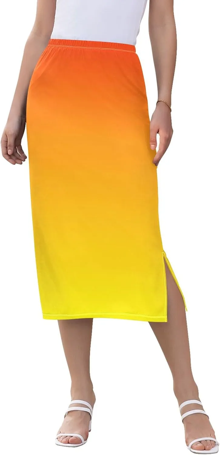 Medium Slate Blue Midi Skirt Slit Women Floral Pencil Skirts Elastic Waist Cute Summer Skirt
