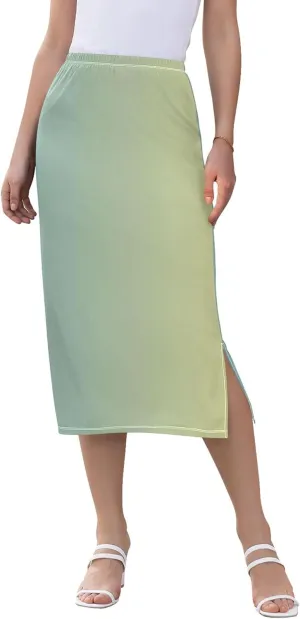Medium Slate Blue Midi Skirt Slit Women Floral Pencil Skirts Elastic Waist Cute Summer Skirt
