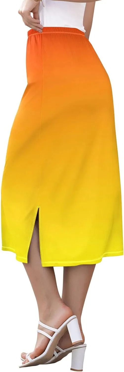 Medium Slate Blue Midi Skirt Slit Women Floral Pencil Skirts Elastic Waist Cute Summer Skirt