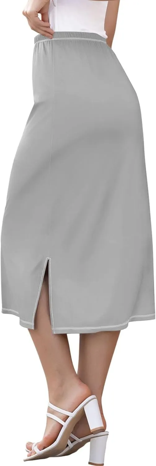 Medium Slate Blue Midi Skirt Slit Women Floral Pencil Skirts Elastic Waist Cute Summer Skirt