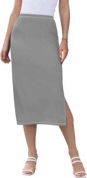 Medium Slate Blue Midi Skirt Slit Women Floral Pencil Skirts Elastic Waist Cute Summer Skirt