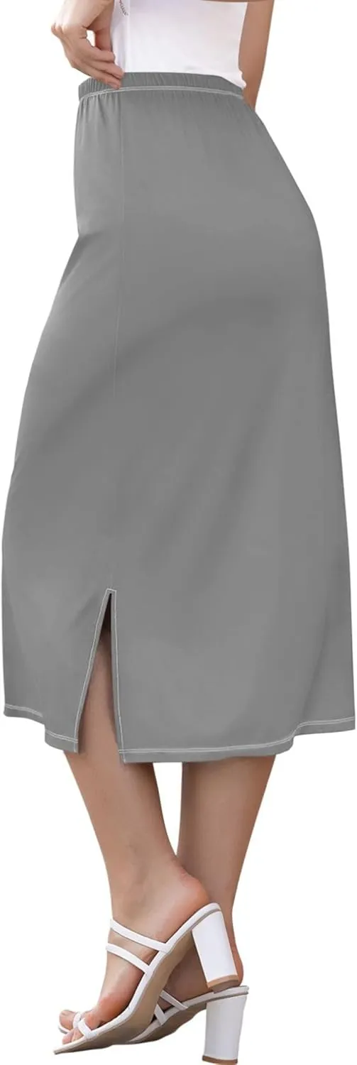 Medium Slate Blue Midi Skirt Slit Women Floral Pencil Skirts Elastic Waist Cute Summer Skirt