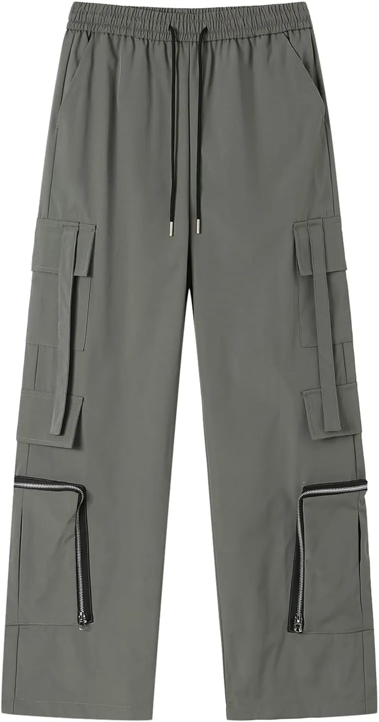 Men Cargo Pants Multi Pocket Elastic Waist Drawstring Wide Leg Trousers Thin Windproof Waterproof Sport Mountain Pant