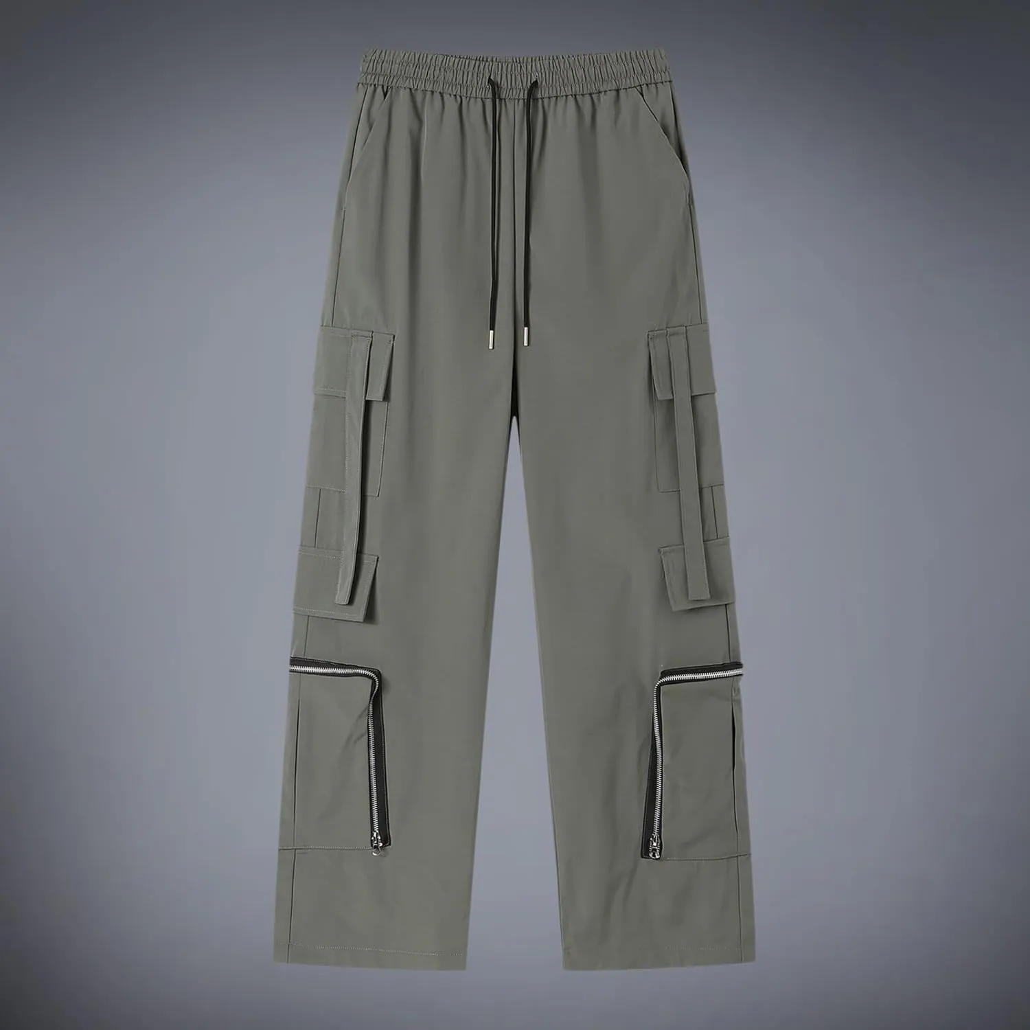 Men Cargo Pants Multi Pocket Elastic Waist Drawstring Wide Leg Trousers Thin Windproof Waterproof Sport Mountain Pant