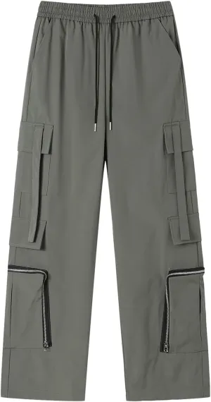 Men Cargo Pants Multi Pocket Elastic Waist Drawstring Wide Leg Trousers Thin Windproof Waterproof Sport Mountain Pant