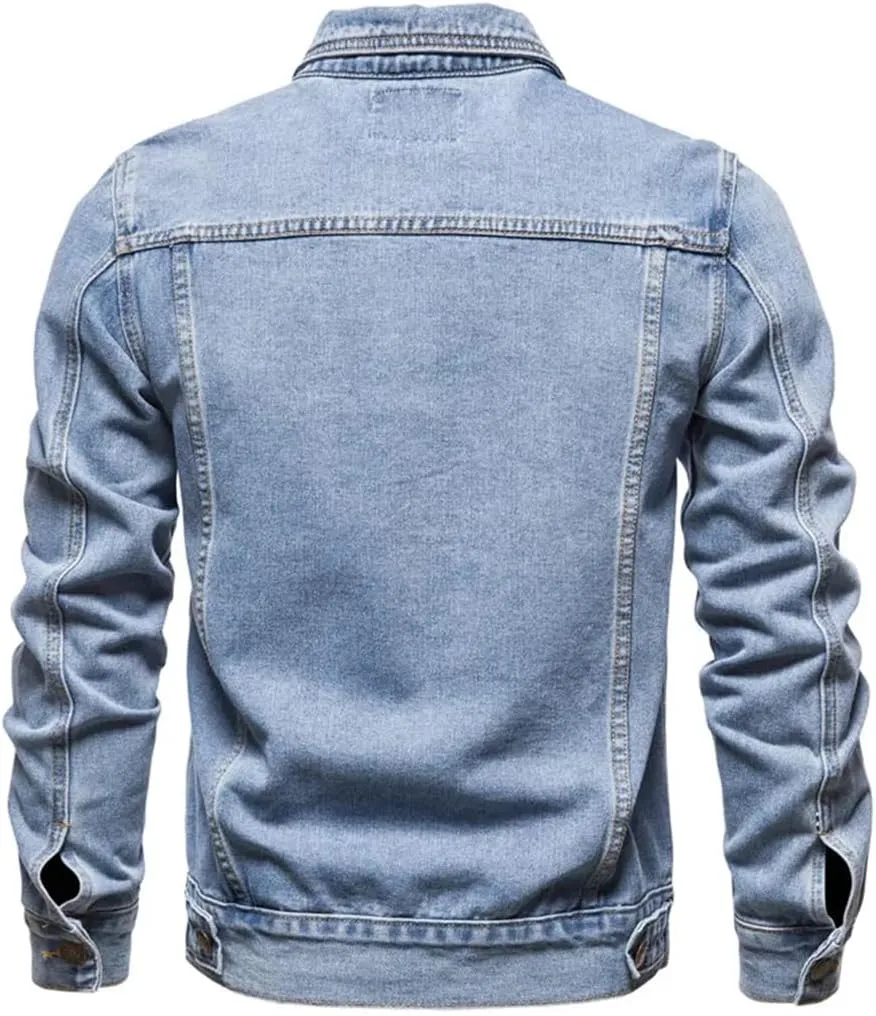 Men Solid Buttons Denim Jackets Motorcycle Vintage Jeans Jacket Slim Fit Cotton Casual Coats