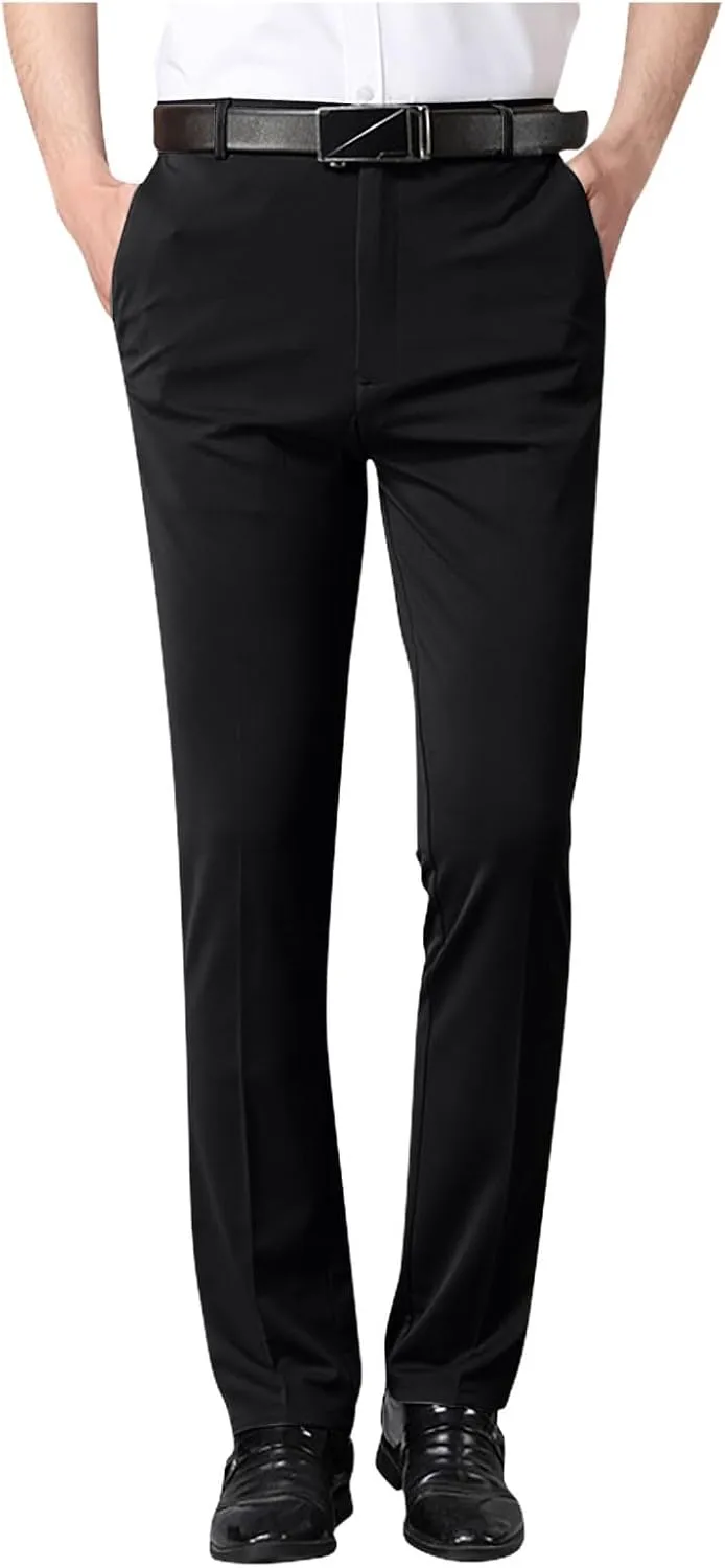 Men's Business Work Pants Zipper High Waist Straight Leg Trousers Casual Comfy Formal Pants with Pockets