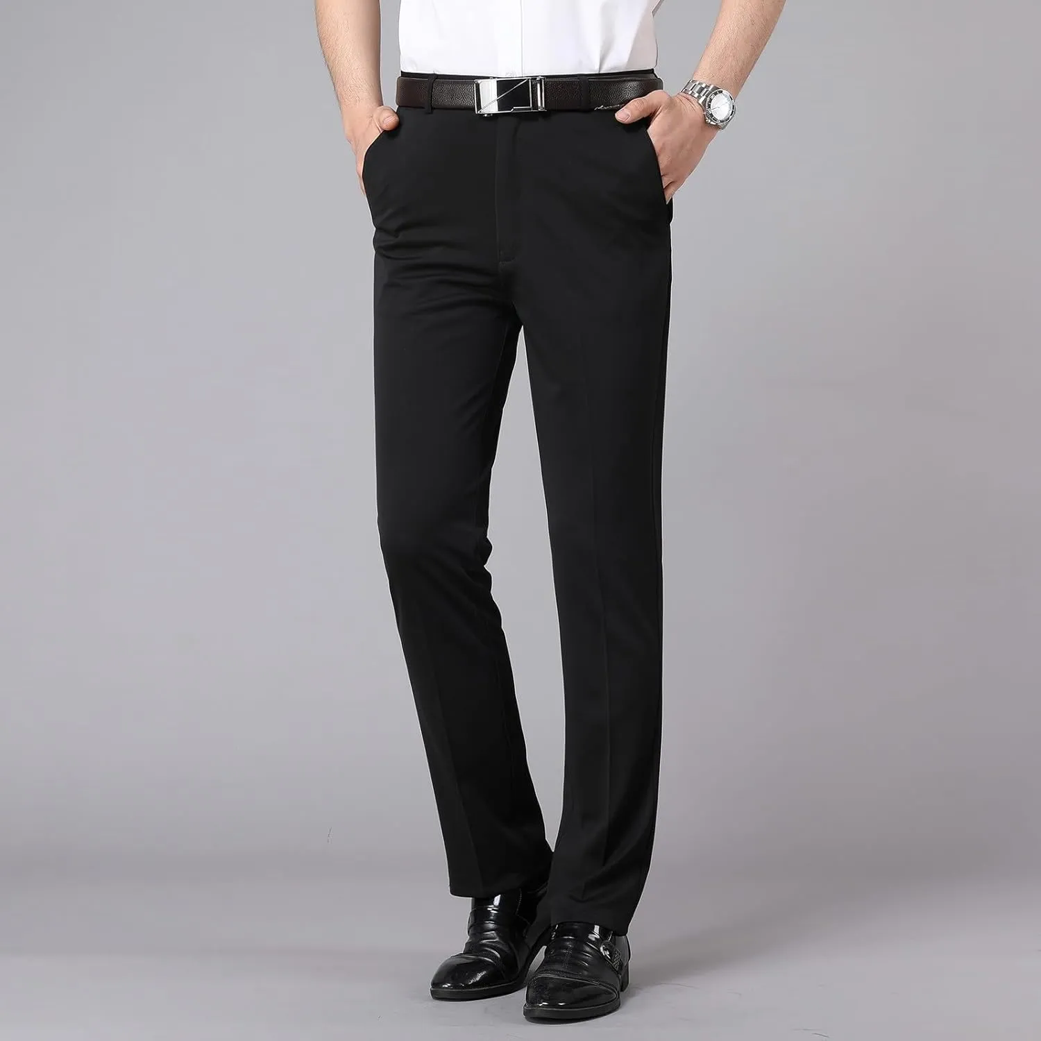 Men's Business Work Pants Zipper High Waist Straight Leg Trousers Casual Comfy Formal Pants with Pockets