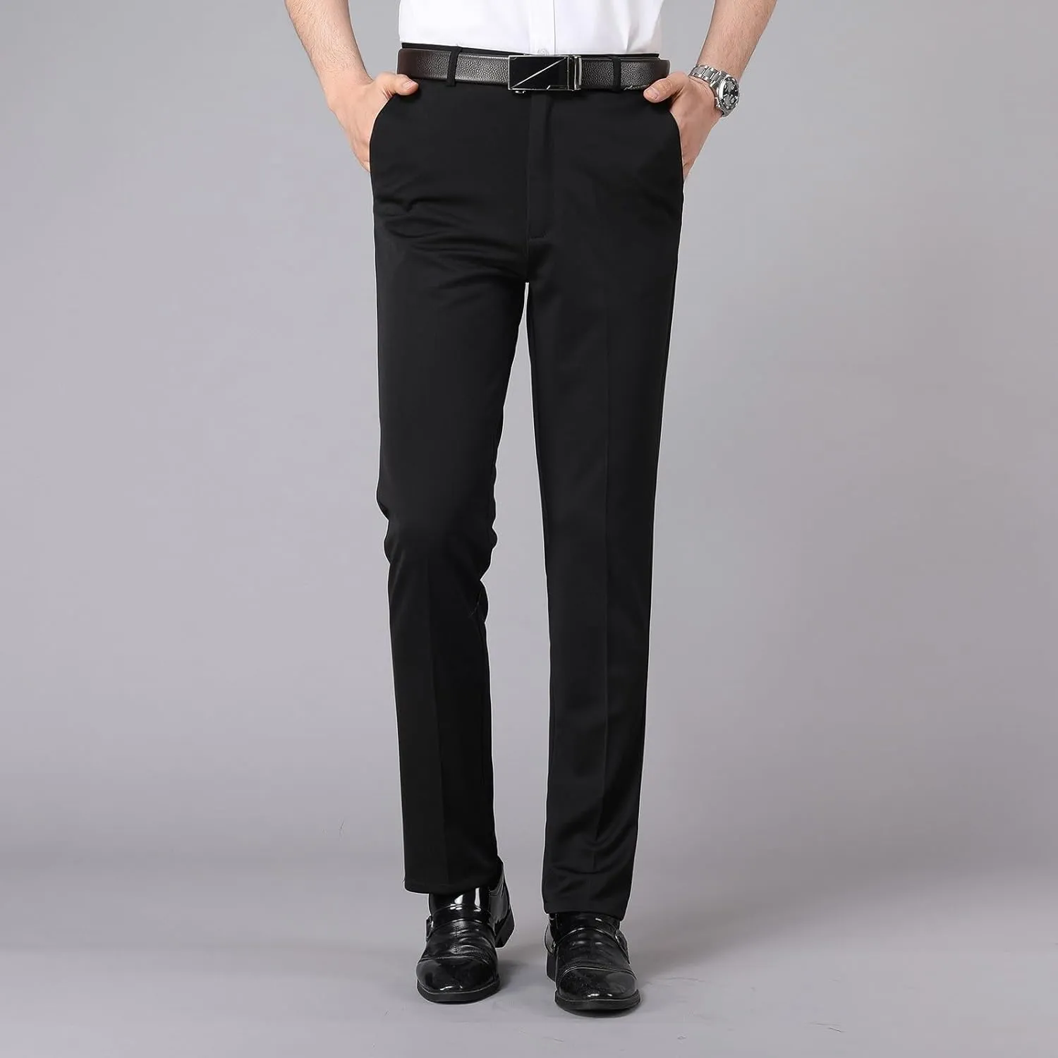Men's Business Work Pants Zipper High Waist Straight Leg Trousers Casual Comfy Formal Pants with Pockets