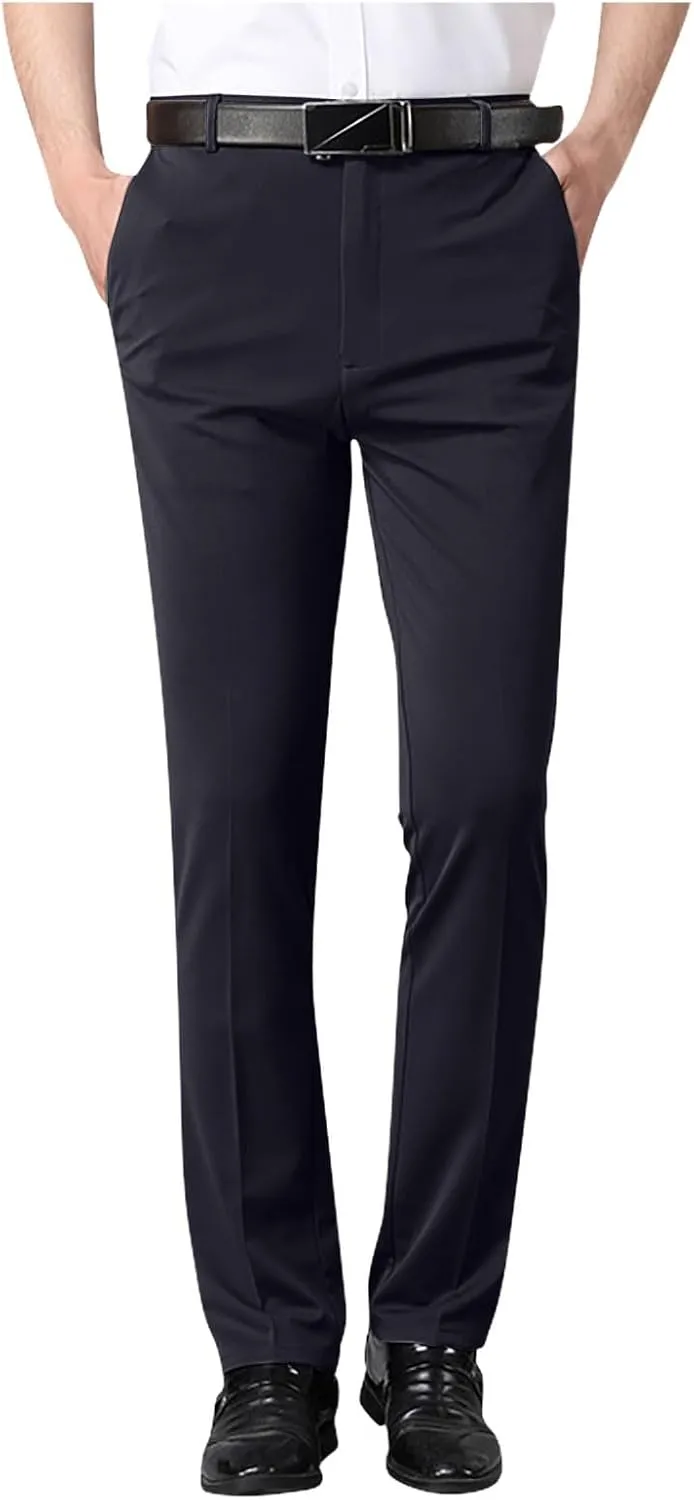 Men's Business Work Pants Zipper High Waist Straight Leg Trousers Casual Comfy Formal Pants with Pockets