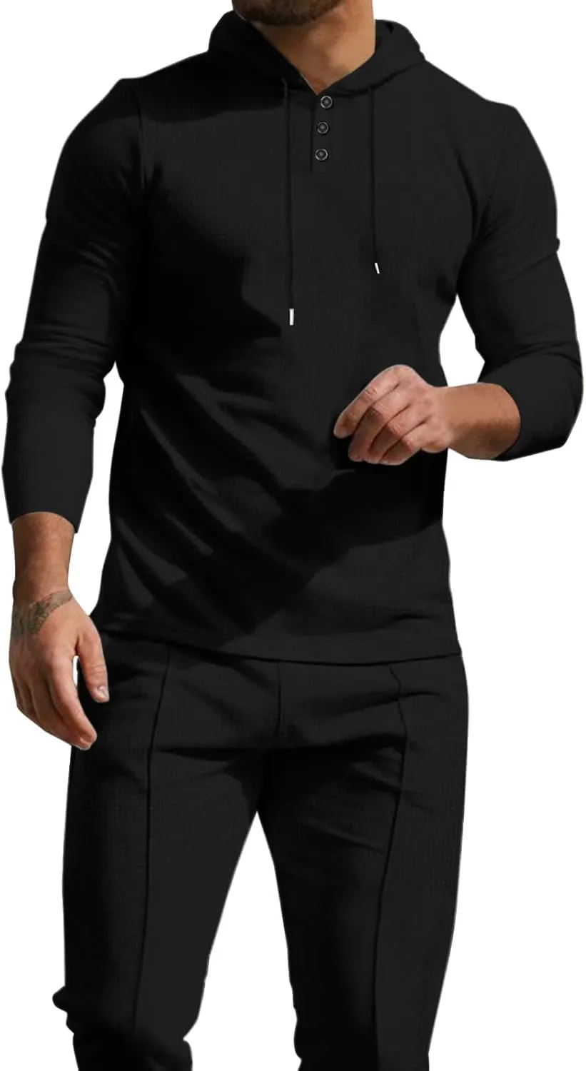 Men's Casual Active Tracksuits Leisure Hooded Solid Color Sweatshirt Long Men's Tracksuit 2 Piece Hooded Athletic